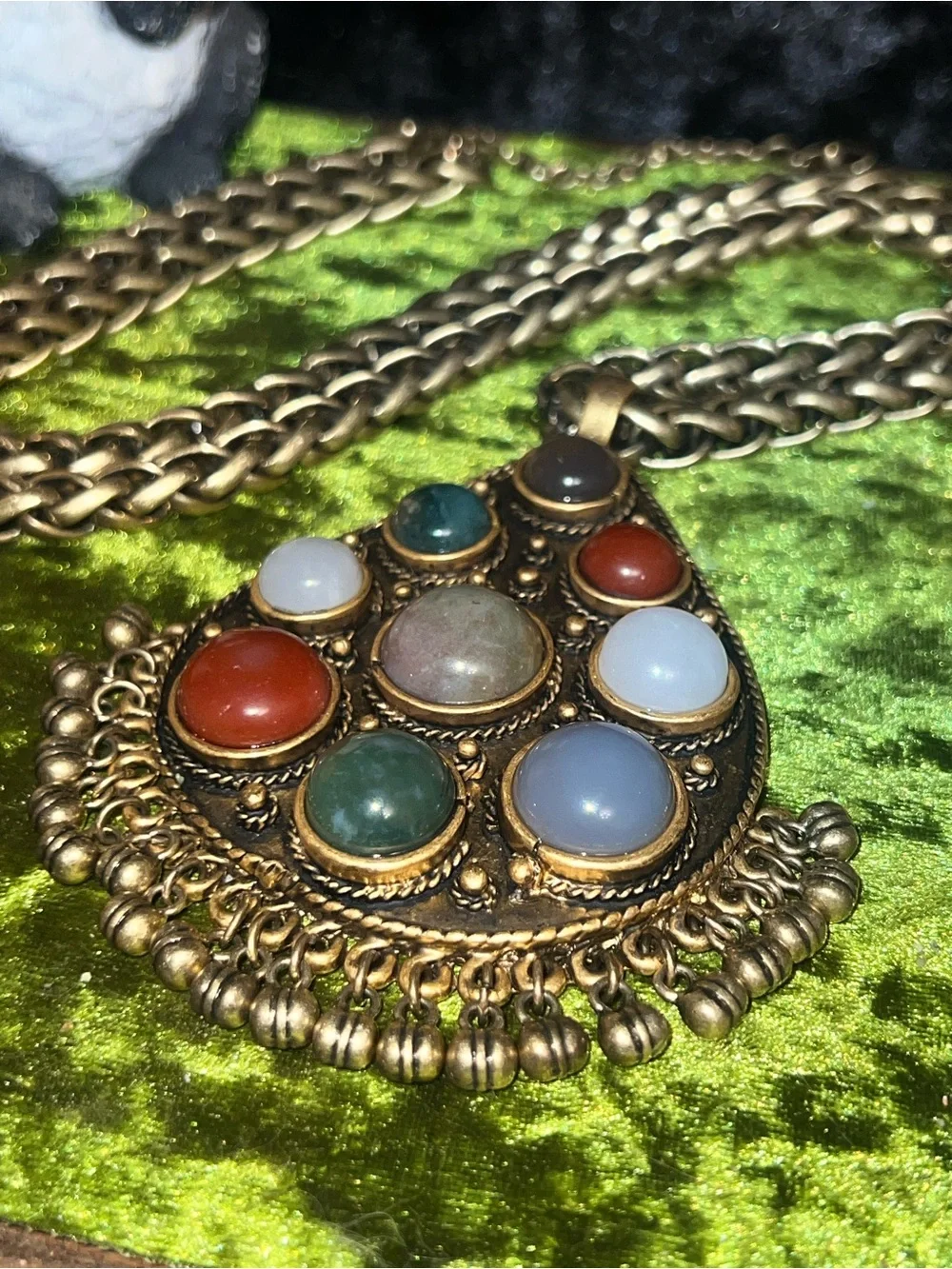 Antique-Style Multistone Large Teardrop Pendant Necklace - Gold Tone